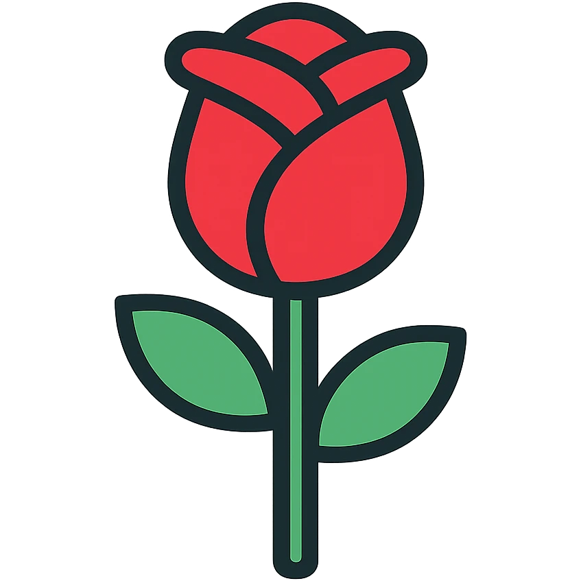 rose icon with color outline, stylized, red petals, green stem emoji