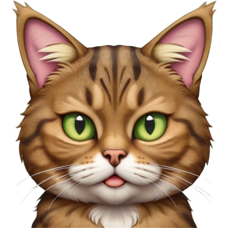 Cinematic Meme-Worthy Grumpy Brown Tabby Cat Portrait Emoji, Head held high but eyes filled with dramatic disappointment, fluffy brown fur with striking tabby markings, signature M-shaped forehead furrowed into an unmistakable scowl, large ears slightly angled back in disapproval, piercing golden-green eyes glaring with pure exasperation, Simplified yet hilariously over-exaggerated features, highly detailed, glowing with an aura of supreme annoyance, high shine, exhausted yet judgmental, stylized with an almost regal pettiness, bright but brooding, soft glowing outline, capturing the essence of a feline that has seen it all and is thoroughly unimpressed, so meme-worthy it feels like it could instantly become the next viral sensation of grumpiness! emoji