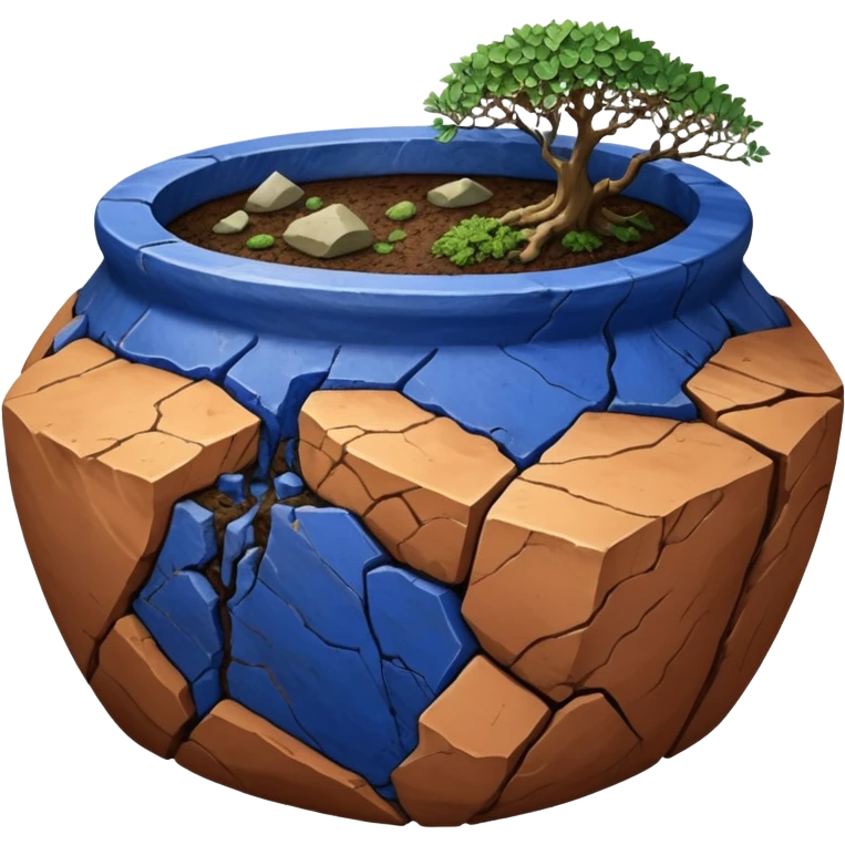 Aged two toned lapis blue terracotta Roots Stoneware akadama moss on soil irregular angular Stone Age rocks cracked crags and broken rough edges forming a very shallow Yixing pot emoji