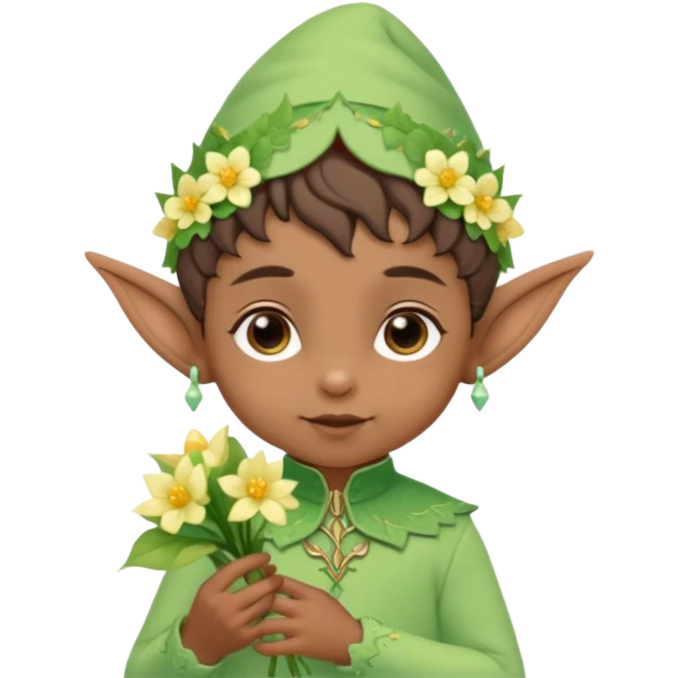 Tiny elf baby brown skin with pointy ears and hat, pastel green outfit, hold flowers emoji