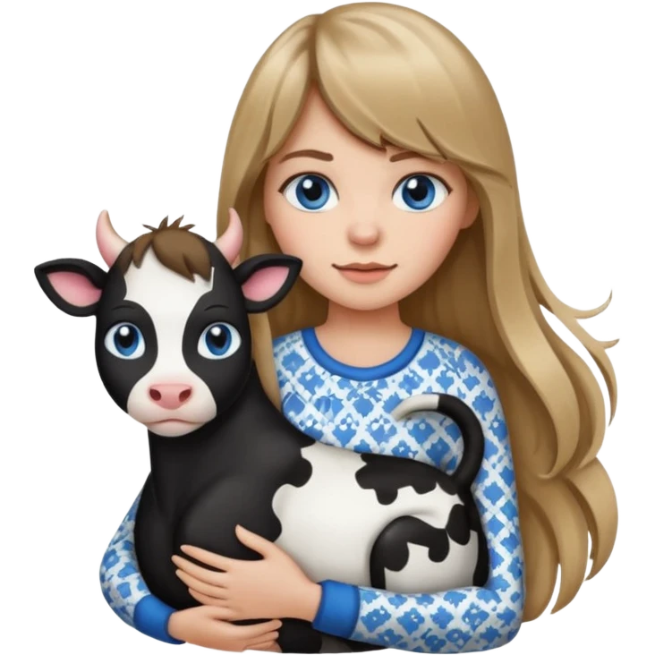 Apple-style emoji sticker of a young woman with long dark blond hair and bang, blue eyes , holding a cat black and white like a cow patch on her chest.  emoji