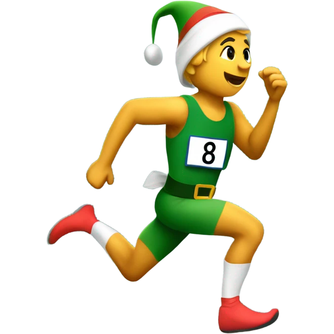 Elf running a marathon with a running bib on with the number 8 emoji