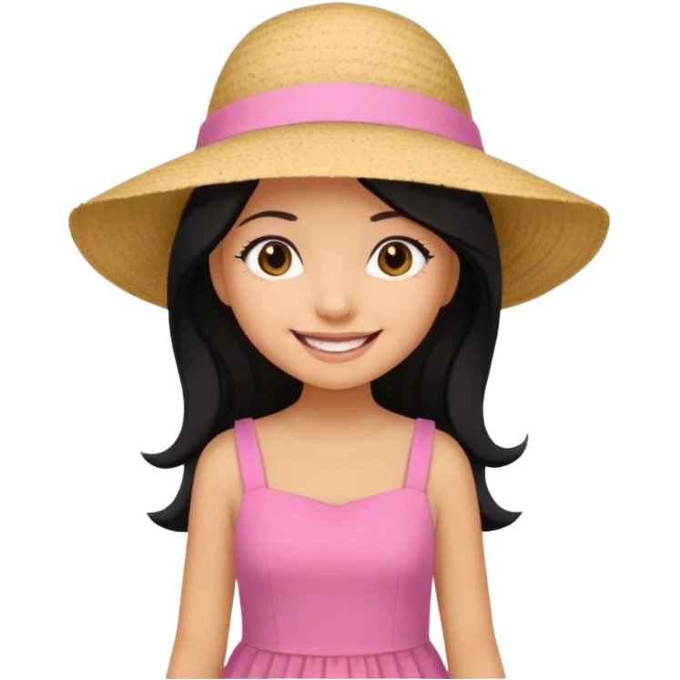 Girl in pink dress and sunhat smiling, black 2 string dress, blakc hair emoji