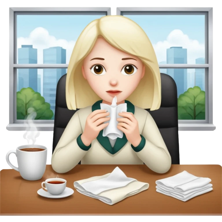 хвора дівчина сидить в офісі за столом, у неї в руках хустинка, на столі серветки, чай emoji
