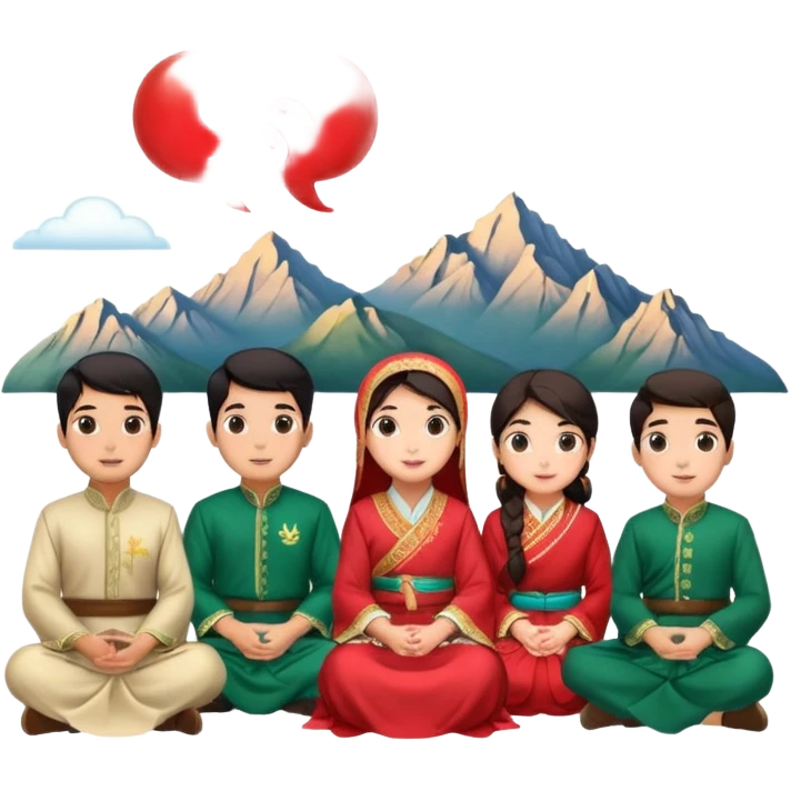 A group of young Pakistani people sitting around and sharing knowledge, with talking bubble of Hong kong scenary in it emoji