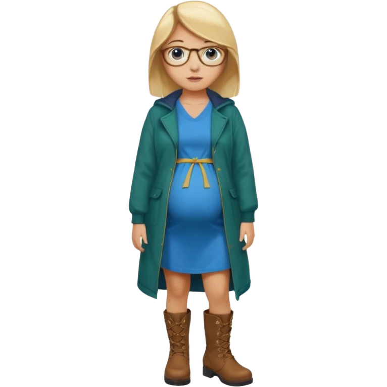 18 year-old pregnant between blonde and brown haired girl with golden glasses with blue eyes in a long bright blue dress and a dark green jacket over the dress and brown boots standing sassily emoji