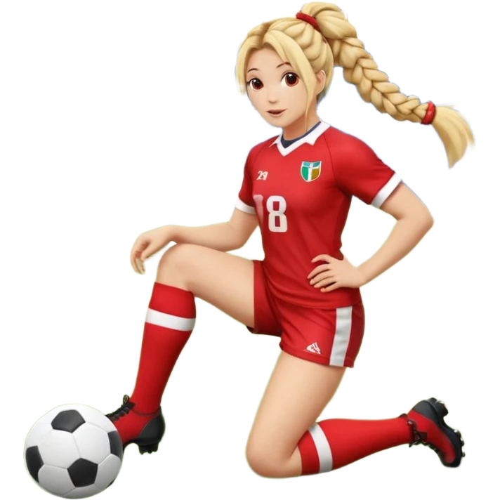 Chica de pelo rubio tirada en el suelo boca abajo agarrando un balón DE RUGBY con las manos vestida con una equipación de color rojo y blanco con líneas y con unas botas de tacos de fútbol, con un bucal en la boca y el pelo con trenzas, se la tienen que ver las 2 piernas  emoji