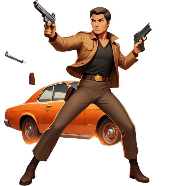 Icon for Action Movie: A vintage movie poster-style design featuring intense action scenes—explosions, gunfire, and dramatic stunts. Include a hero in a dynamic pose with weapons, a car chase, and a fiery background. Retro cinematic feel with bold typography. Transparent background. emoji