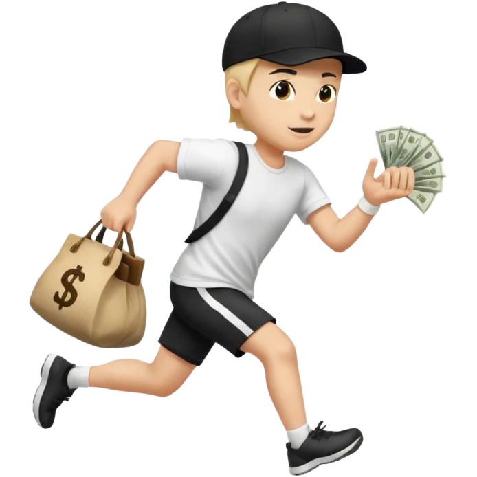 Thief with black cap white t-shirt with black Stripes emoji runing with money bag emoji