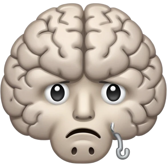 A sad, unhealthy brain with a frowning face, looking sick and tired emoji