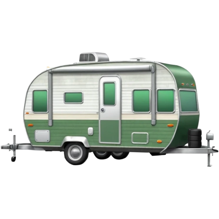 Shasta travel trailer, one tire on each side, single axle, colored all green, the same green shade as movie trailer green preview card, light grey tires and grey hitch emoji