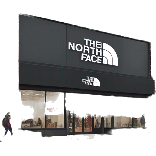 “The North Face store exterior with a rugged, modern facade, the iconic logo displayed prominently, large windows showcasing outdoor gear, and a natural, adventurous vibe.” emoji