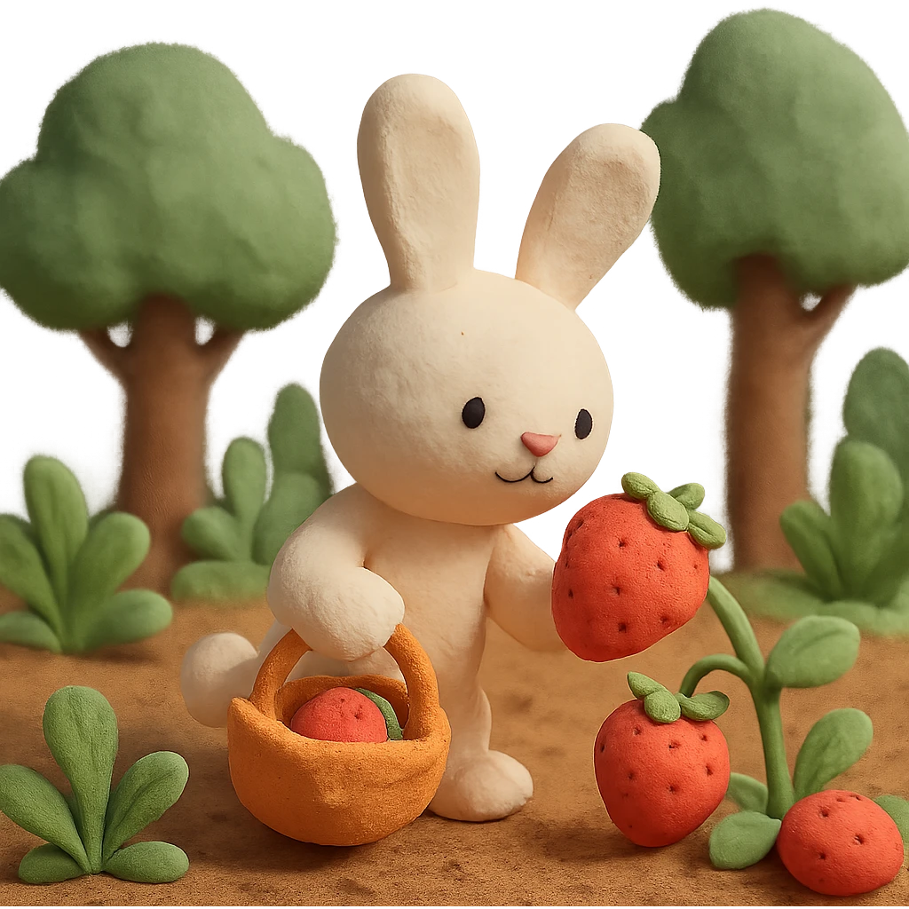 bunny picking strawberries in the woods, sweet pastel red, claymation style emoji