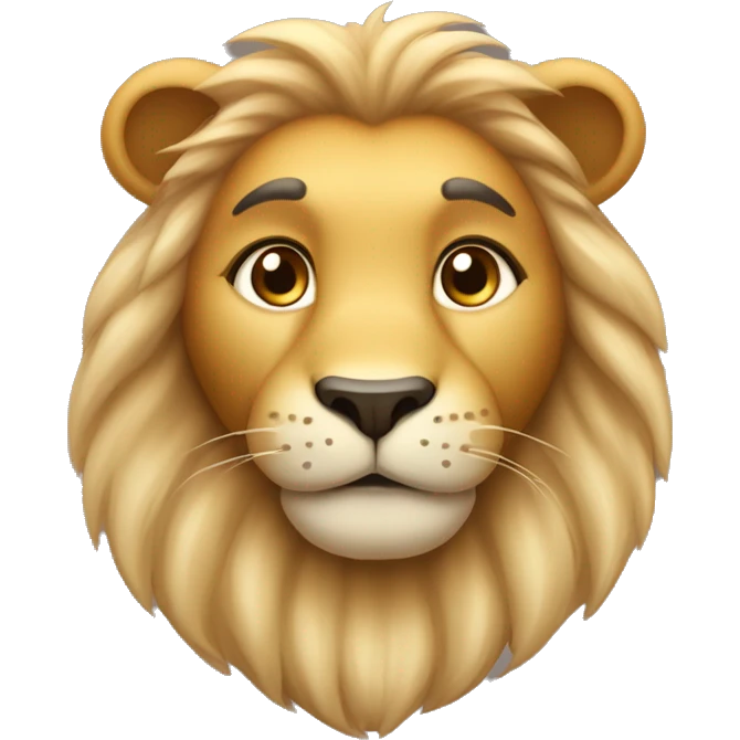 emoji of a cute, round-faced lion with golden fur, small black eyes, an oval nose, and a gentle smile. Include light brown eyebrows and soft gradients for a smooth, cartoonish look. emoji