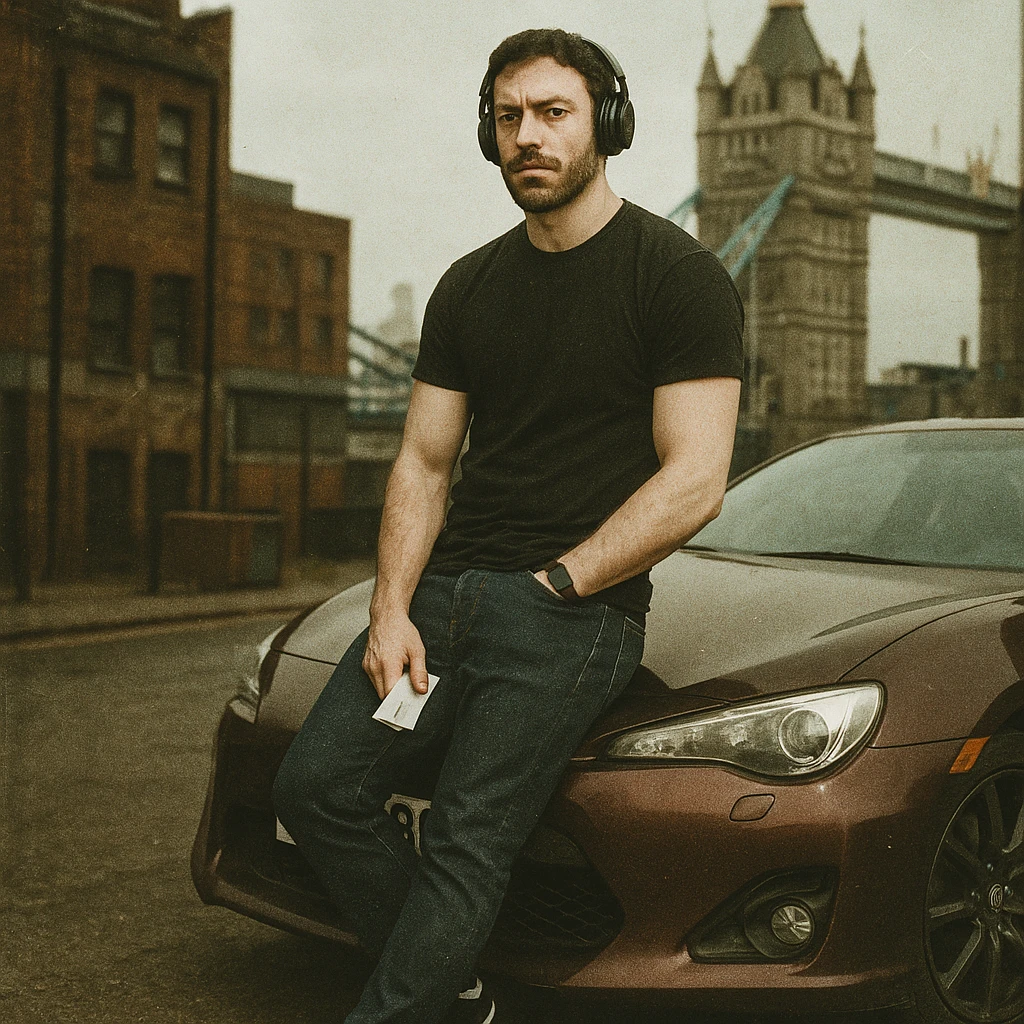 Grunge-style analog photo, London 2025, person inspired by the reference image leaning against a Nissan GT 86, model pose, black t-shirt, jeans, Nike Air Jordan low, using flash, urban background, analog grain, 3/8. emoji