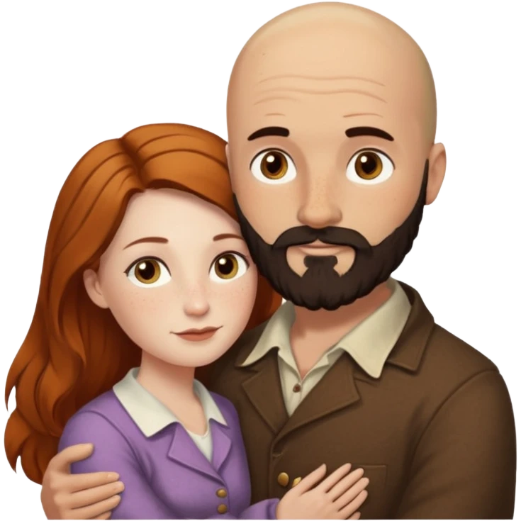Couple. Bald man with dark brown-black beard. White woman with many small, faded freckles, she has white skin and she has auburn-yellow-brown-cinnamon, dark long hair. She has light brown eyes. The man have hazel eyes. Retro style. They hug. emoji