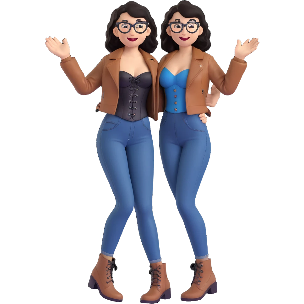 3D animated drawing of a slim, light-skinned woman with wavy black hair and square-shaped glasses, wearing a black corset dress with a brown leather jacket, blue jeans, and brown ankle boots, smiling and waving emoji
