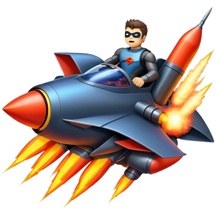 man riding a rocket batmobile boom!  emoji