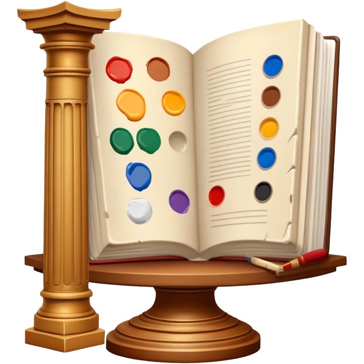 An icon featuring a paint palette, a sculpture, and a book, symbolizing the study of culture and art. The design includes a classical column and a canvas, representing art history and cultural exploration. Transparent background highlights the connection between creativity and history. emoji