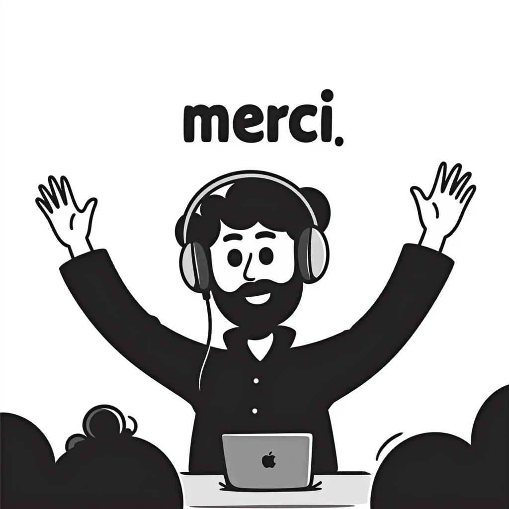 A person with black hair, brown eyes, and a black beard wearing a gaming headset, raising hands saying "merci" to an audience emoji