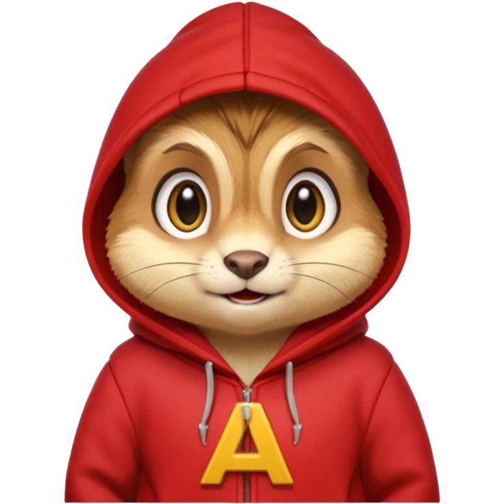 Portrait of a cartoon chipmunk with light brown and beige fur, wearing a red hoodie no zip with a yellow 'A' on it, big round eyes, small nose, and a mischievous grin, front-facing, stylized in animated movie style emoji