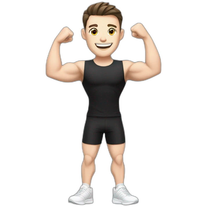 Joyful Celebrating victory Pale skinned Fit Man With the biceps and dark brown hair in black shirt, gray sports shorts and white Sneakers emoji