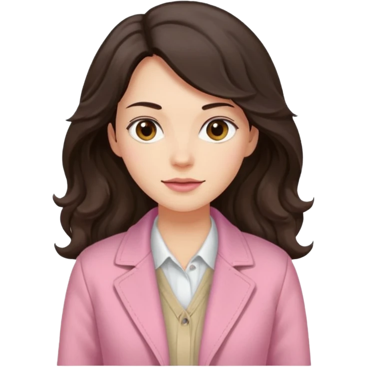 Portrait of woman with dark long wavy hair in white shirt, pink pullover and beige jacket emoji