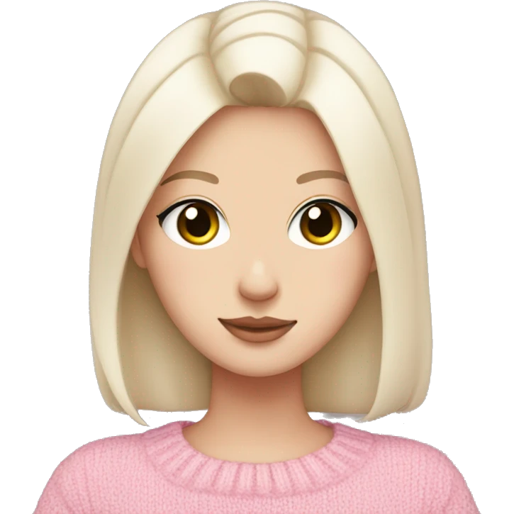 Pretty brown eyed white girl with black hair in a pink sweater holding a white cat emoji