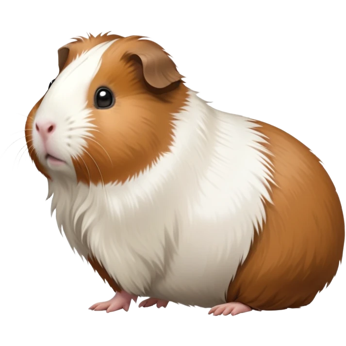 cinematic-[guinea pig]-realistic-full-body-standing-emoji,-tiny-paws-tucked-close,-head-tilted-dramatically,-fluffy-[brown and white]-fur,-simplified-yet-realistic-focused-features,-highly-detailed,-glowing-with-an-almost-sarcastic-glow emoji