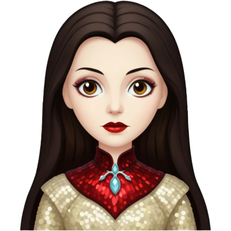 Countess Dracula with long dark brown hair, cream sequin outfit  emoji