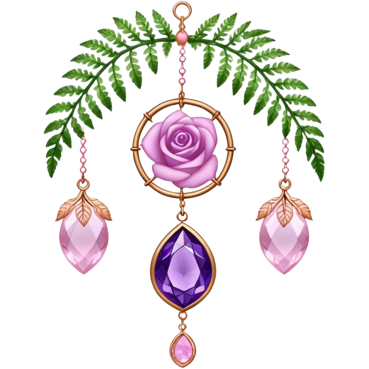 Hanging suncatcher, threads with shiny sparkly amethyst and rose-quartz gemstones, roses, fern-leaves  emoji