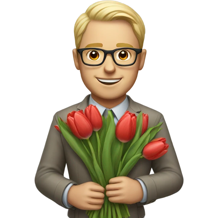 A white man with glasses holding a bouquet of tulips emoji
