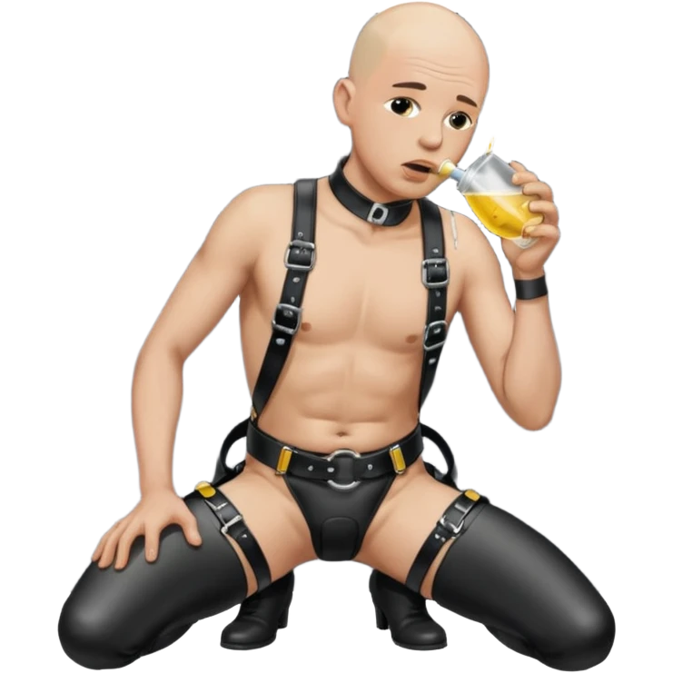 submissive bald man on his knees in a black leather harness standing man in leather, pouring piss down his throat emoji