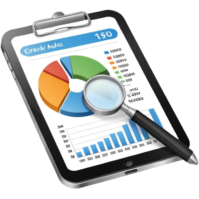 Checking and auditing estimate documents with search icon and infographic chart emoji