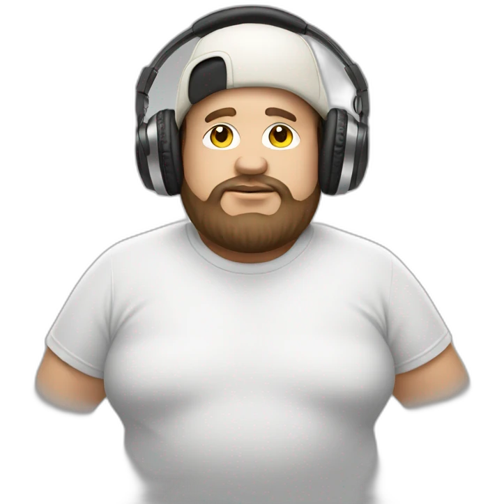 DJ with a cream white hat and headphones hanging over the cap. Brown hair. Fat dude. emoji