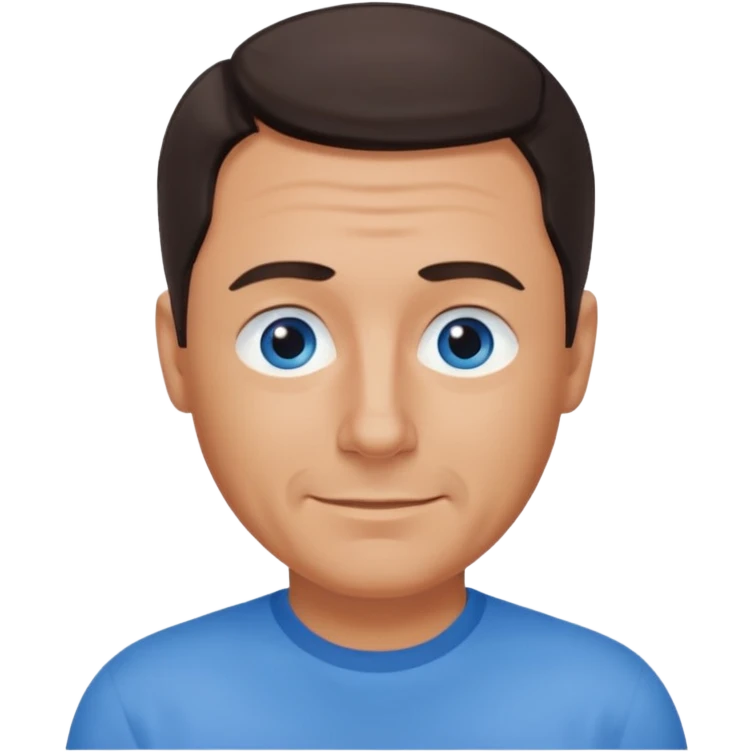 Middle aged man with tanned skin, receding dark hair and no beard, blue eyes, shy smile emoji