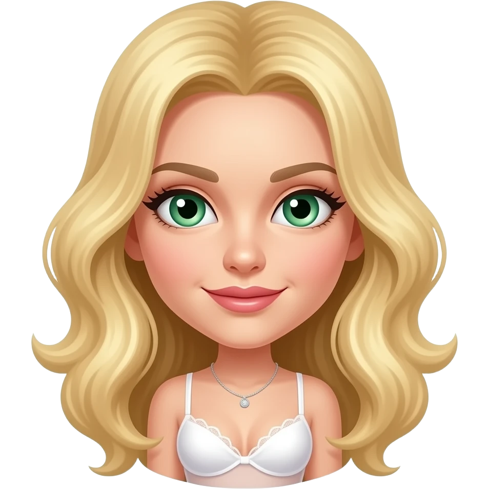Blonde women with green eyes. She is wearing white lingerie with stockings and stiletto heels. emoji