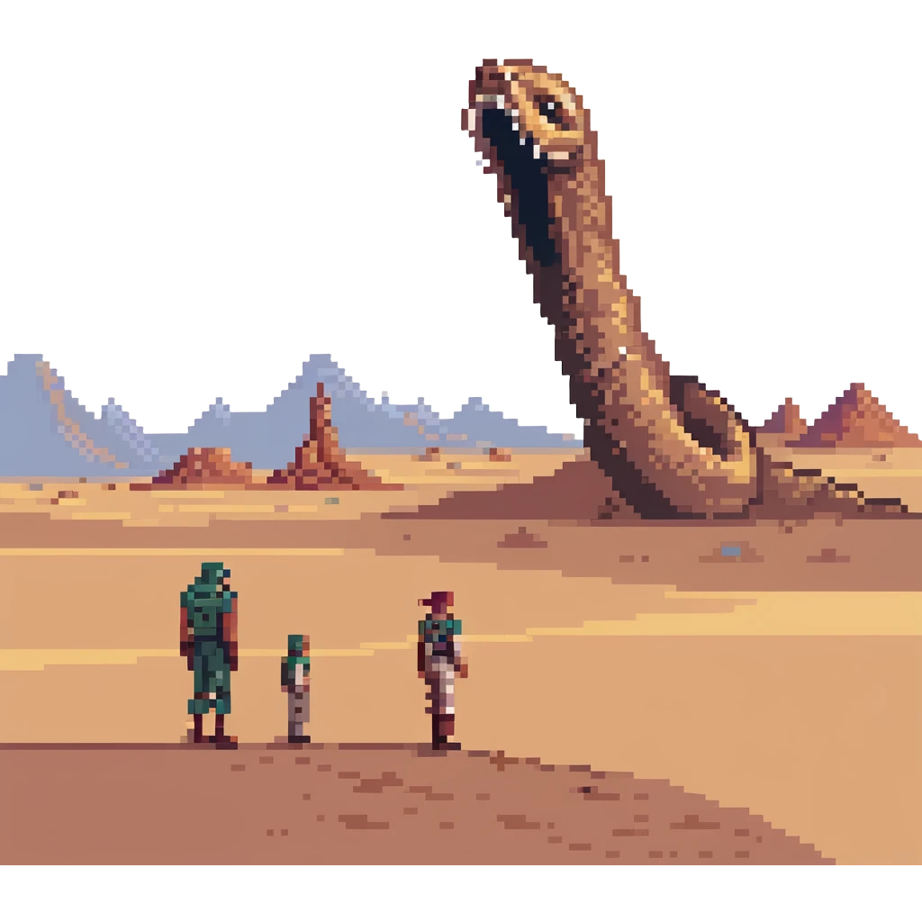 Dune's Arrakis landscape, sandworm erupting from the desert in the midground, three people in the foreground, rocky background, dusk sky, in a pixel art style emoji