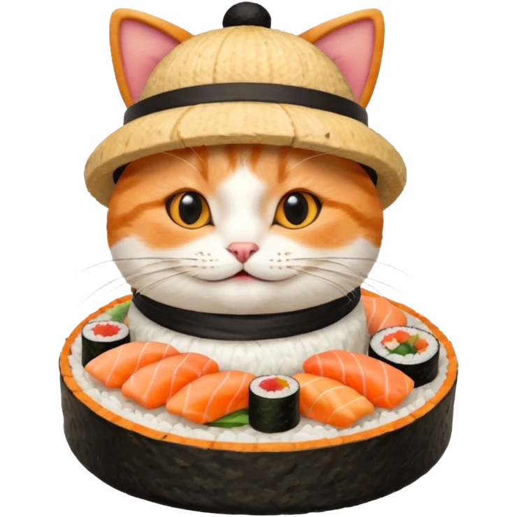 happy cat wearing a hat made out of sushi emoji