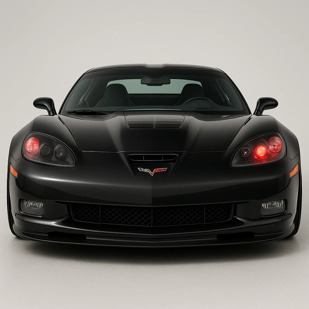 a black 2006 Chevrolet Corvette C6 ZR1 with a red headlight, detailed, sporty, front view emoji