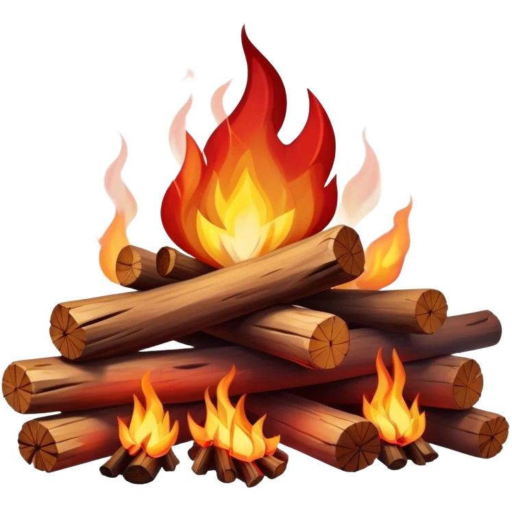 Cinematic Realistic Campfire, a roaring flame crackling atop carefully arranged logs, embers glowing deep red, golden light casting soft flickering shadows, gentle smoke drifting upwards, glowing with warmth and coziness. emoji