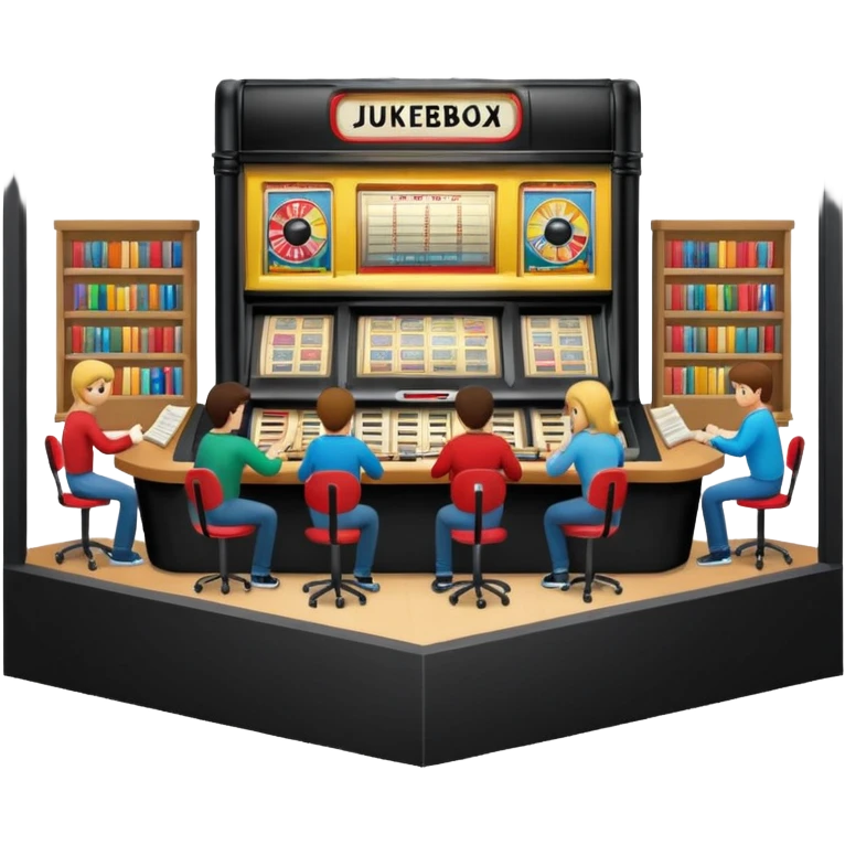 Birdseye view of large study space with students working separately add students add a jukebox emoji