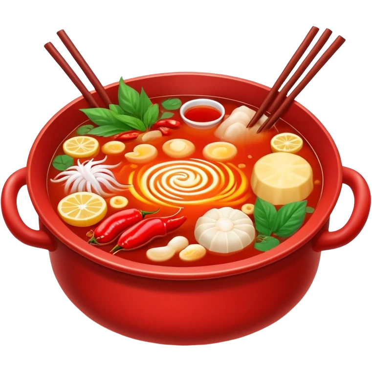 Chinese hot pot, bubbling red spicy broth with variety of ingredients, emoji style emoji