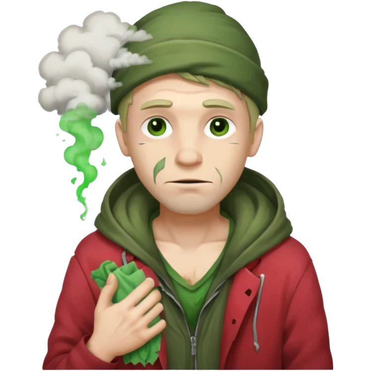Homeless Caucasian male with green smoke around him and ripped clothes with valentines decor (no balloons) emoji