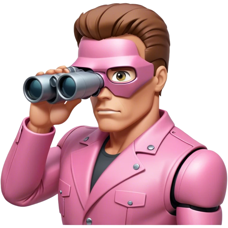 schwarzenegger-looking half robotic half human pink terminator looking through binocular, viewed from an angled perspective emoji