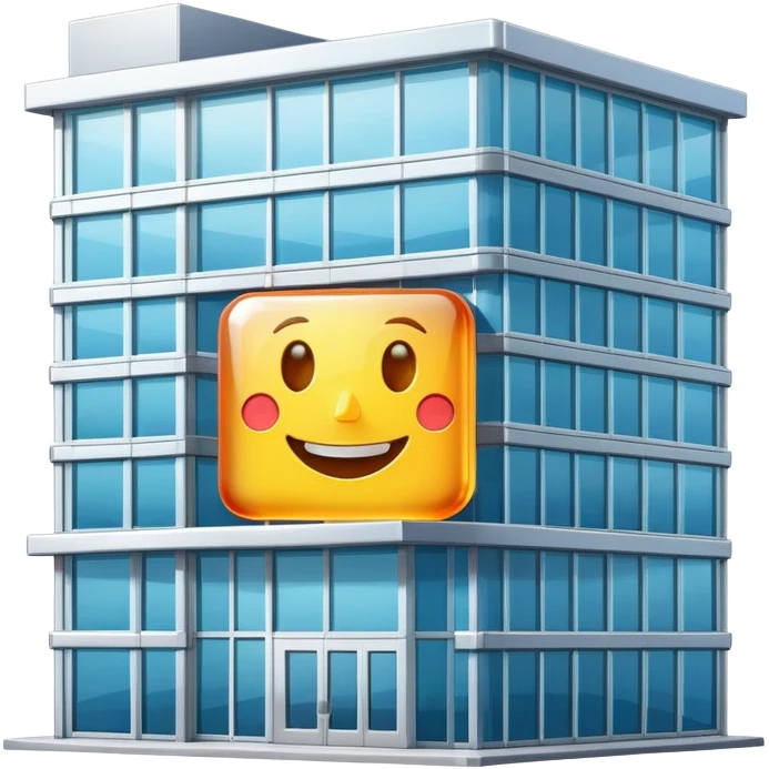 smiling office building with a happy face emoji