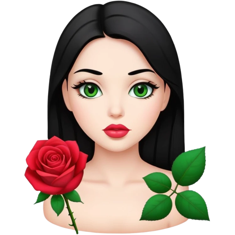 A beautiful gitl with straight black hair and green eyes and plump rose lips emoji