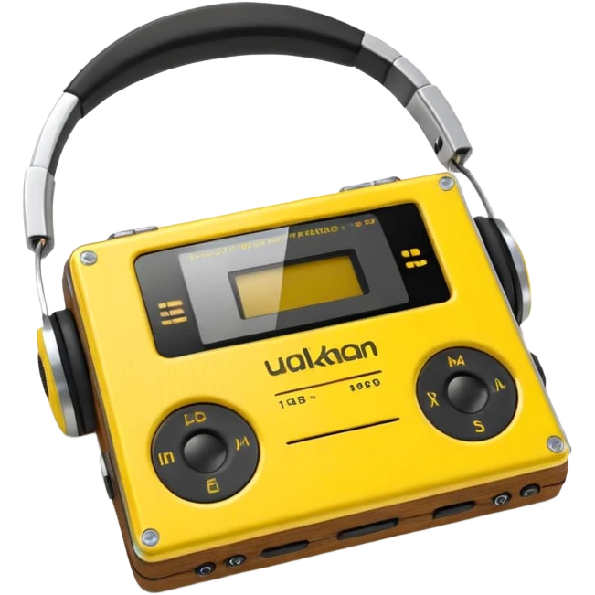 3D render of Walkman, vintage 1980s audio equipment aesthetic, tactile analog buttons, bright sports yellow plastic case with black foam headphones, mixed wood grain and brushed aluminum textures, Apple emoji style, isolated on white background --v 6.0 emoji