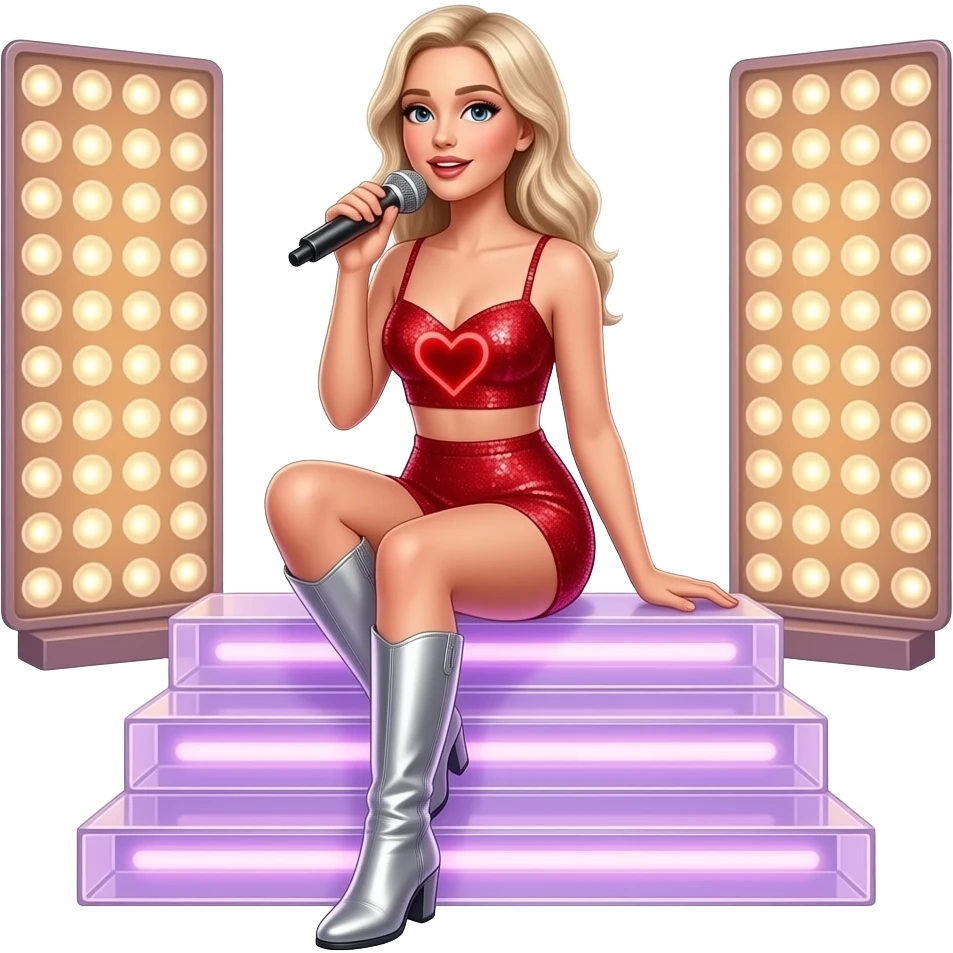 Sabrina Carpenter platinum blonde hair wears a red sequined two-piece with silver boots red heart outline while singing, seated on glowing translucent steps that are backlit with a cool, lavender-tinted light, In the background, two large rectangularlight banks provide intense, warm illumination emoji