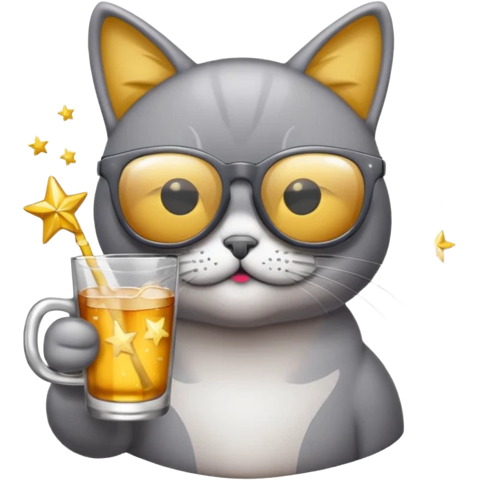 Fait un chat gris avec des lunettes de stars et avec un verre d alcool qui fait la fête emoji